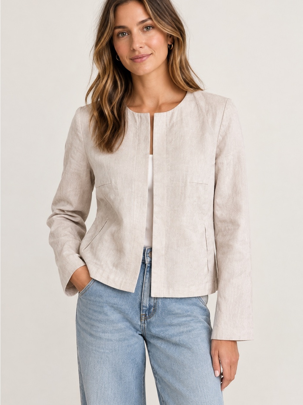 United Arrows Greige Women’s No Collar Jacket blazer Sz 42 EUC linen rayon blend